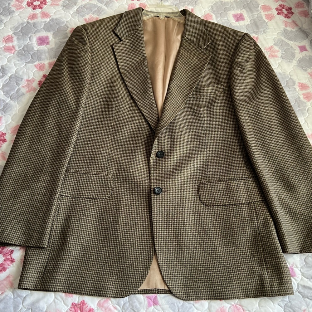 Oscar de la Renta Menswear Black Brown Houndstooth Wool Blazer Sport Coat 42R